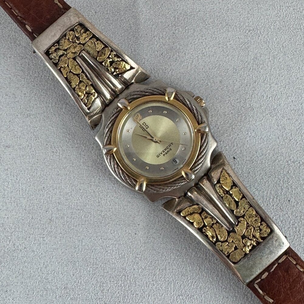 Vintage Givenchy Paris Watch with 23 Karat plus Gold Nugget Bracelet